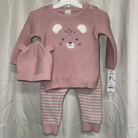 Carter's Just One You Baby Girls' 3pc Cat Sweater & Bottom Set - Pink - Size 9M. - Picture 2 of 3